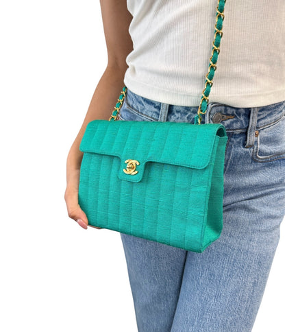 CHANEL Vintage CC Mark Logo Crossbody Shoulder Flap Bag Chain Green Gold Cotton