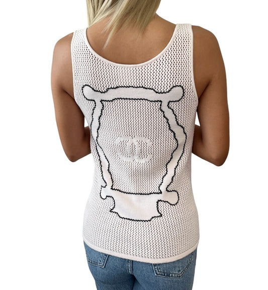 CHANEL Vintage 09C CC Logo Miami Tank Top #34 Knit Pink Black Rayon Crochet