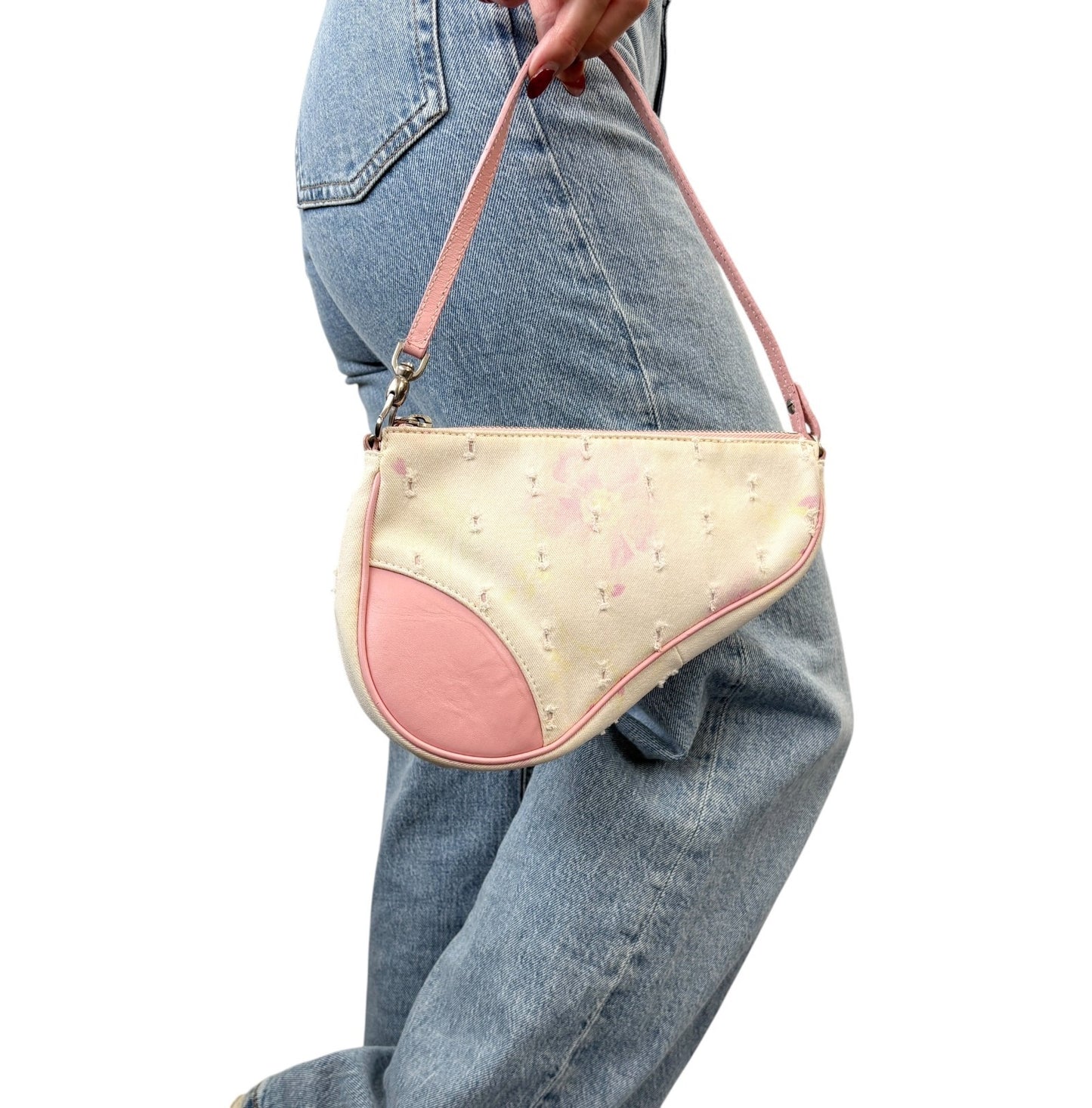 Christian Dior Vintage 2003 Distressed Floral Denim Mini Saddle Bag White Pink
