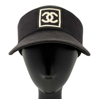 CHANEL Sport Vintage CC Logo Sun Visor Hat #M Black Beige Cotton 902496
