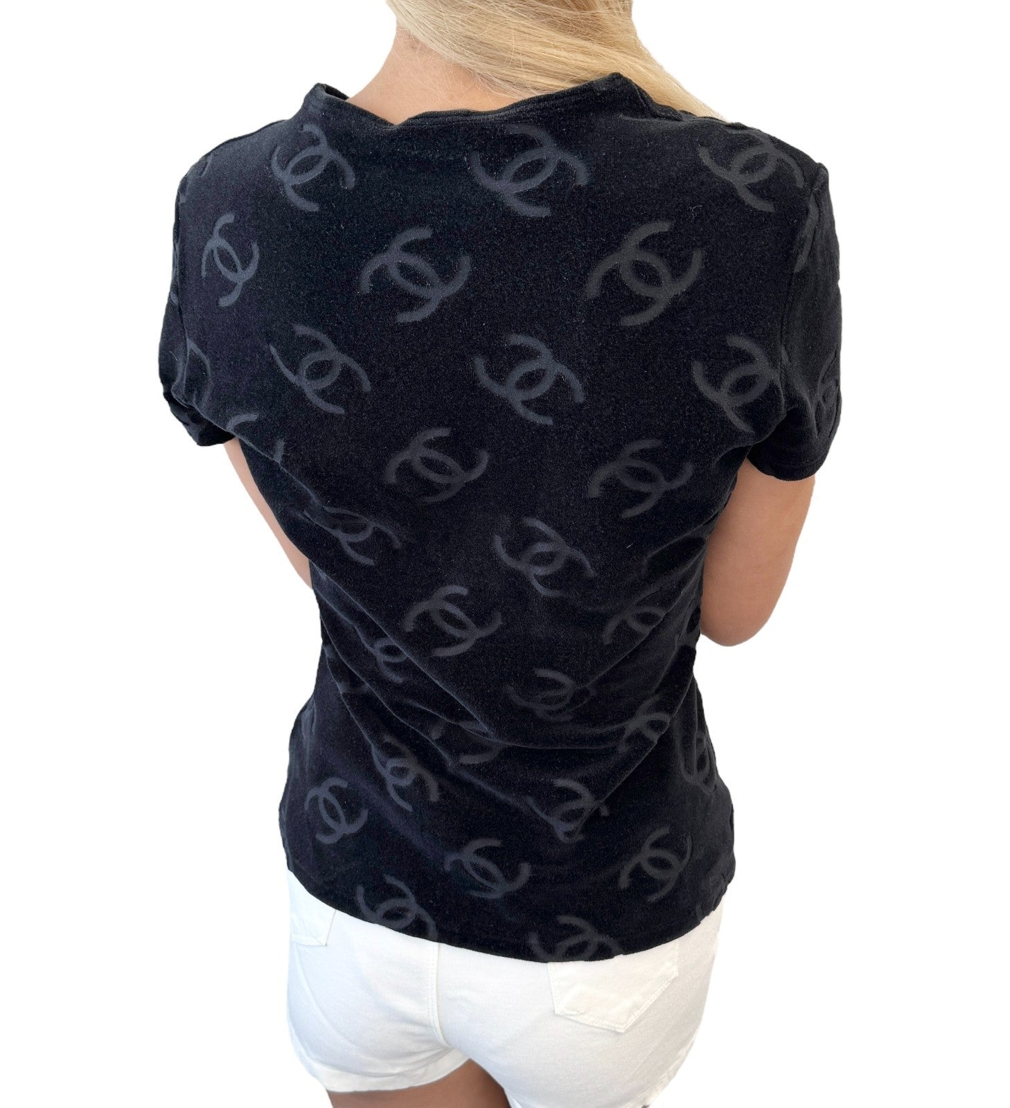 CHANEL Vintage 1996 CC Logo Monogram Velour T-shirt Top #44 Black Cotton