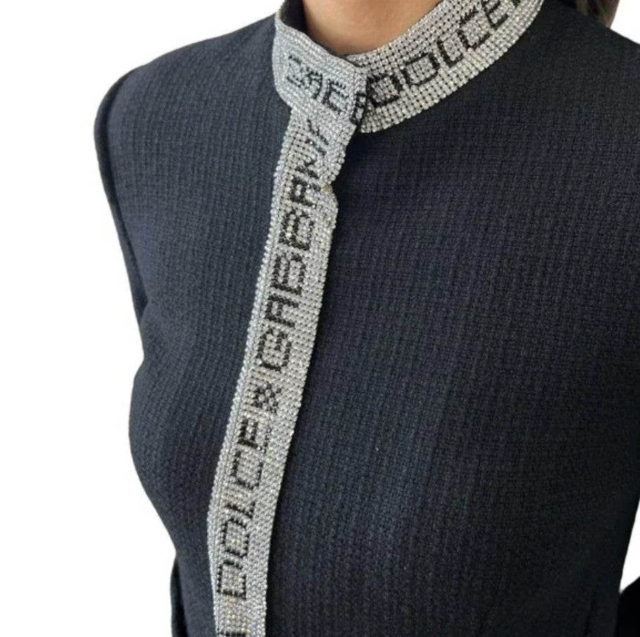 DOLCE&GABBANA Vintage Logo Rhinestone Jacket Top #38 Black Silver Wool