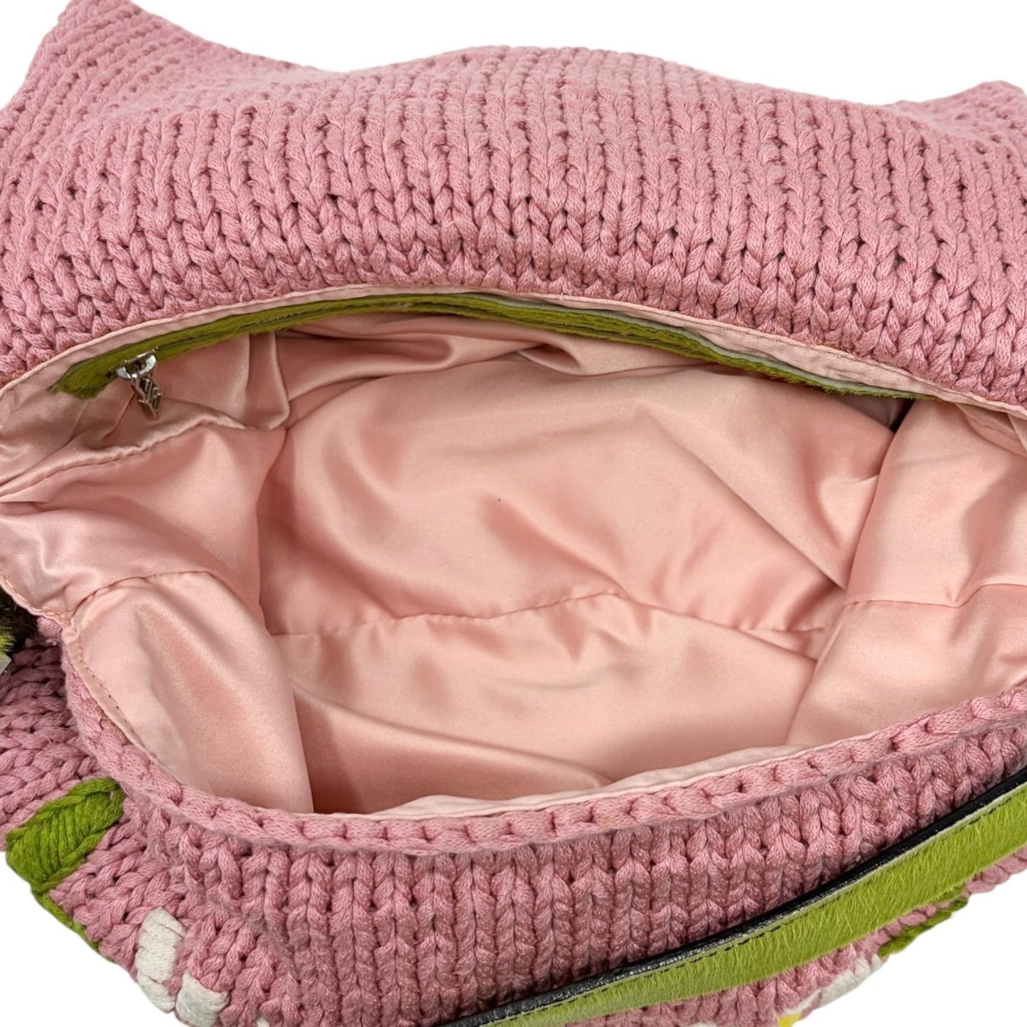 FENDI Vintage Mamma Baguette Crochet Shoulder Bag Flower Pink Wool 901957