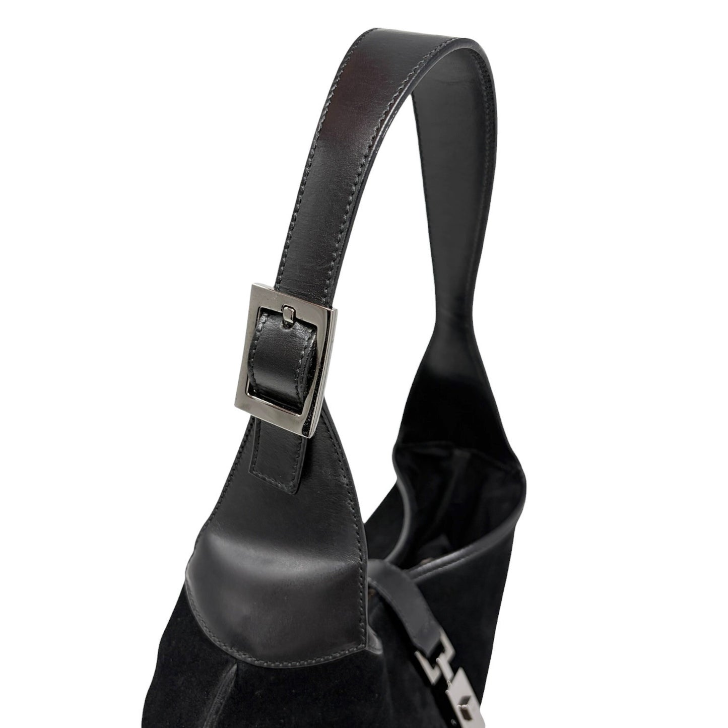 GUCCI Vintage Logo Jackie Suede Shoulder Bag Black Silver Leather 902398
