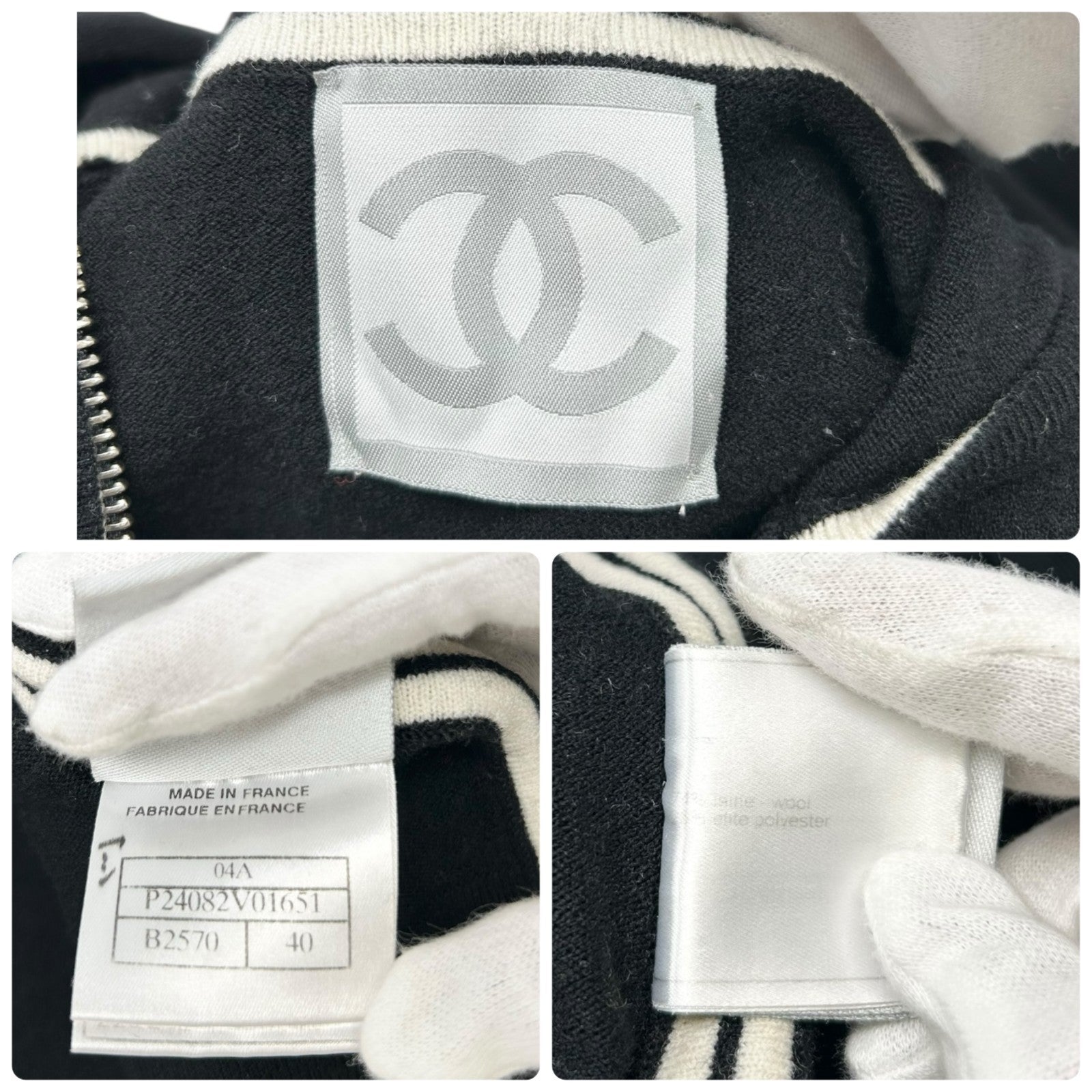 CHANEL Sport Vintage 04A CC Logo Jacket Top Hoodie #40 Black White Wool Zip
