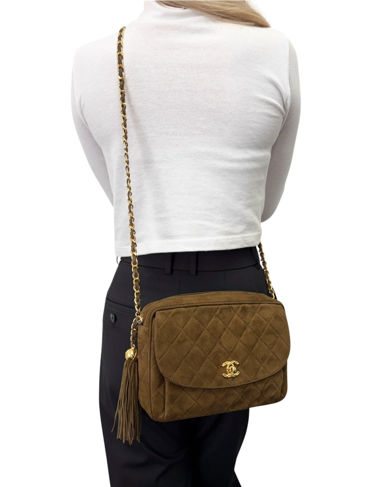 CHANEL Vintage CC Turnlock Quilted Chain Shoulder Bag Brown Gold Suede 902333