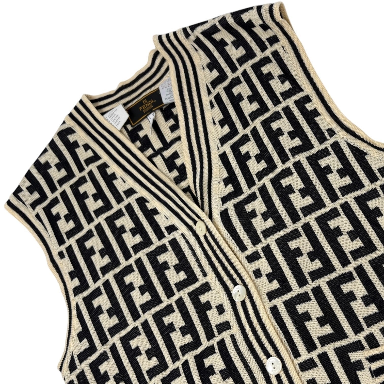 FENDI Vintage Zucca Monogram Knit Vest Cardigan Sweater #38 Cream Black Cotton