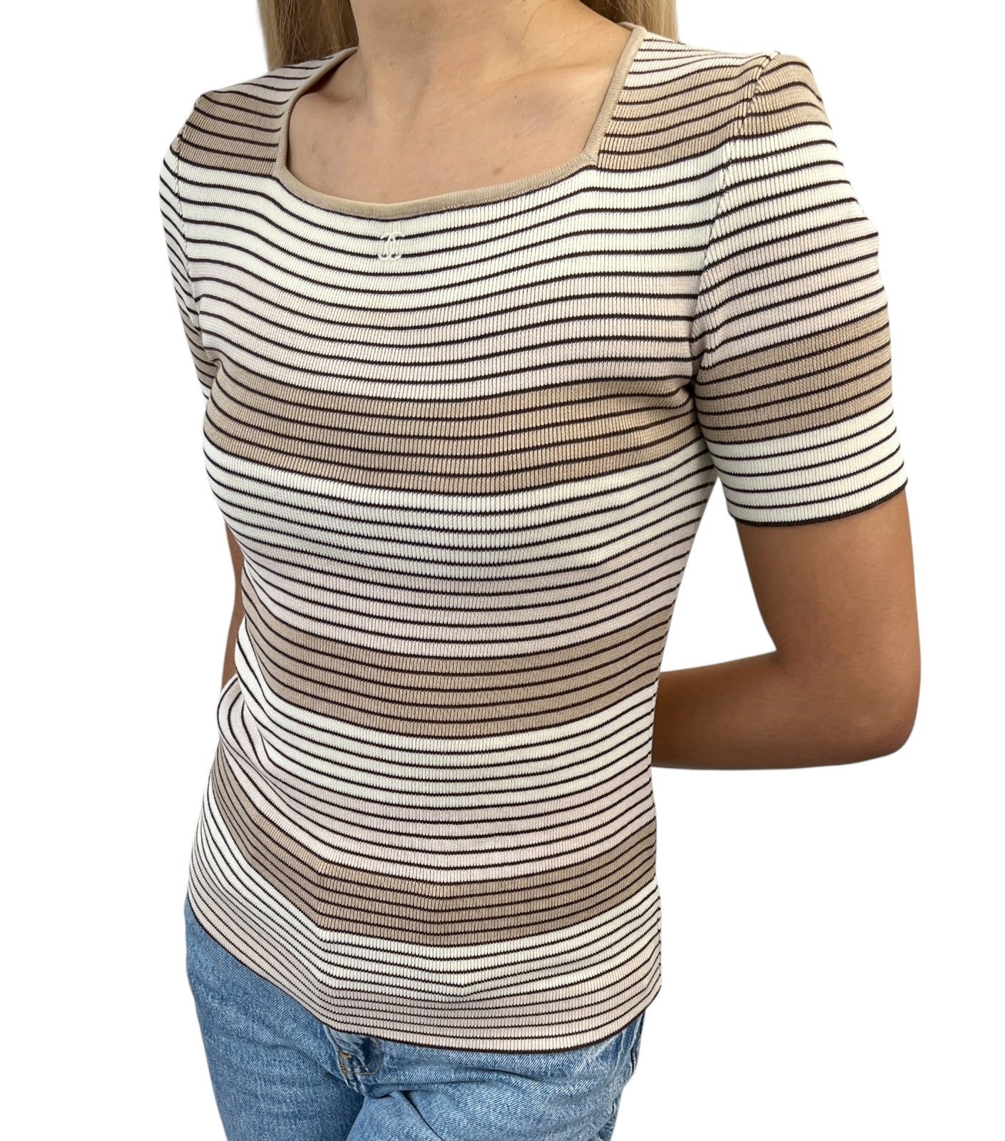 CHANEL Vintage 98P CC Mark Logo Stripe Knit T-shirt Top #36 Beige Brown Pullover