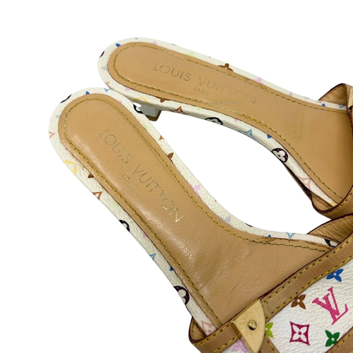 LOUIS VUITTON Vintage Monogram Multicolor Sandals Heels #36 White Beige
