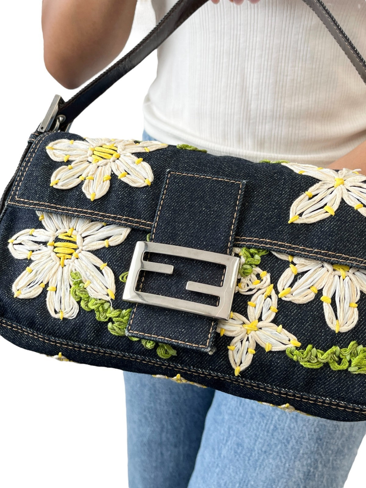 FENDI Vintage Mamma Baguette Denim Shoulder Bag Flower Blue Cotton 901871