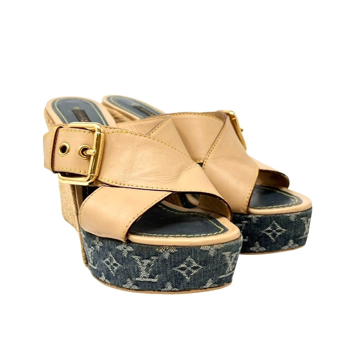 LOUIS VUITTON Vintage LV Logo Monogram Sandals #36-36.5 Beige Blue Leather Belt