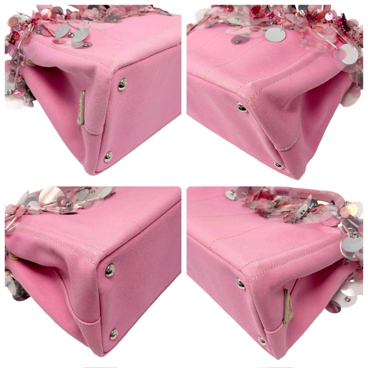 PRADA Vintage Triangle Logo Canapa Sequin Beads Hand bag Pink Canvas 902371