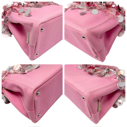 PRADA Vintage Triangle Logo Canapa Sequin Beads Hand bag Pink Canvas 902371