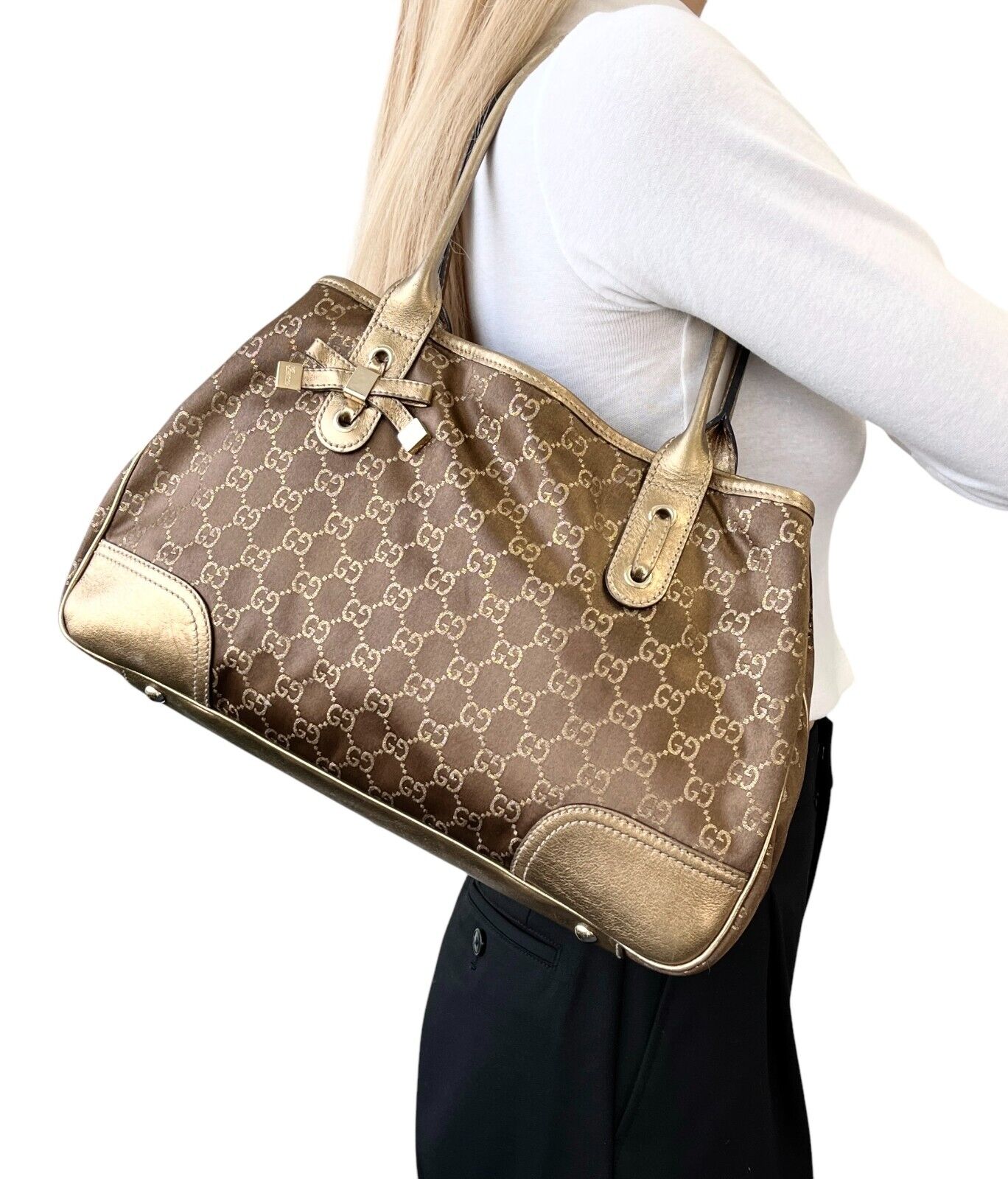 GUCCI Vintage GG Monogram Logo Princy Shoulder Bag Brown Gold Satin Leather