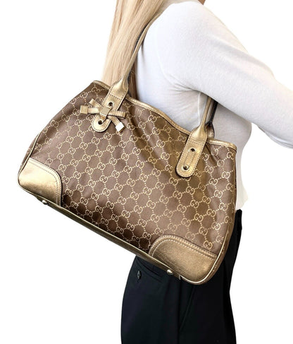 GUCCI Vintage GG Monogram Logo Princy Shoulder Bag Brown Gold Satin Leather