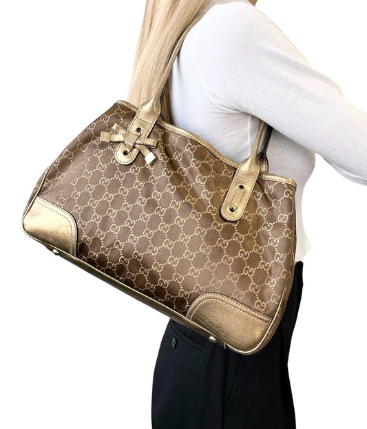 GUCCI Vintage GG Monogram Logo Princy Shoulder Bag Brown Gold Satin Leather
