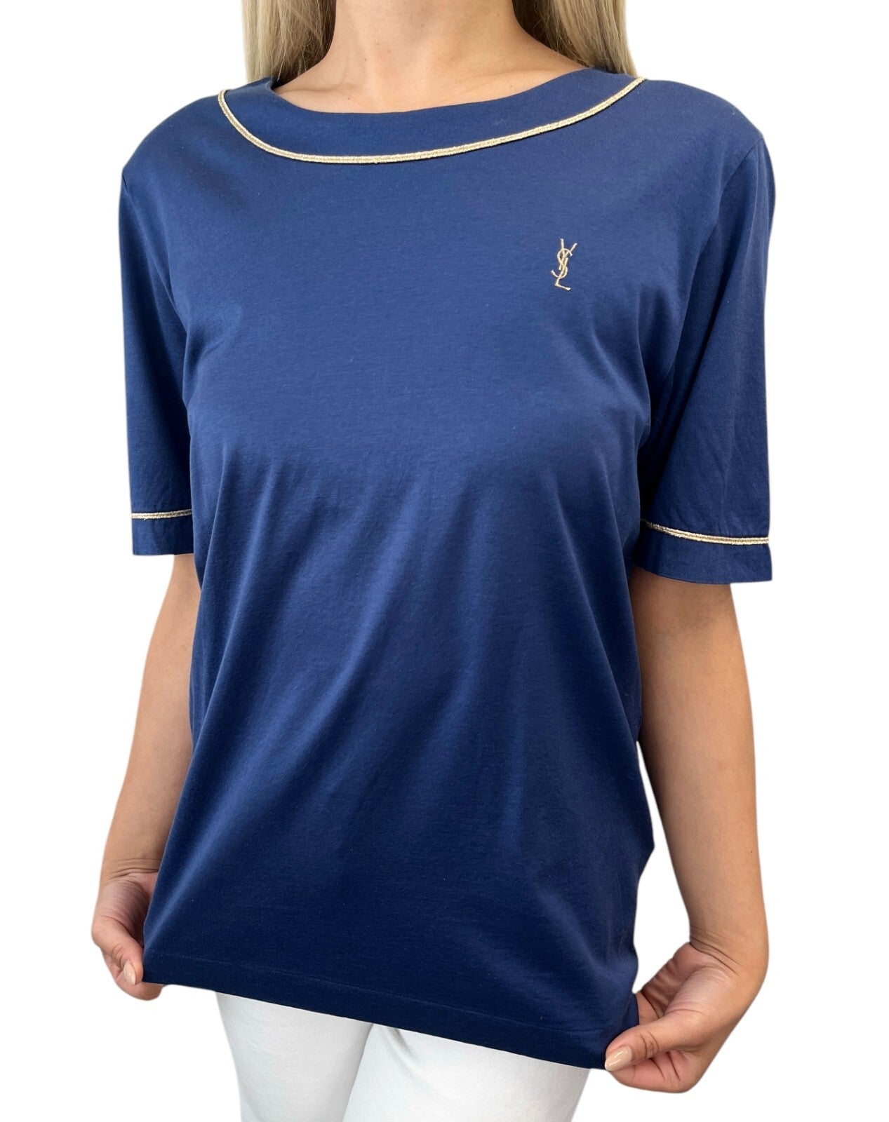 Yves Saint Laurent Vintage YSL Logo Top #M Pullover Dark Blue Gold Glitter