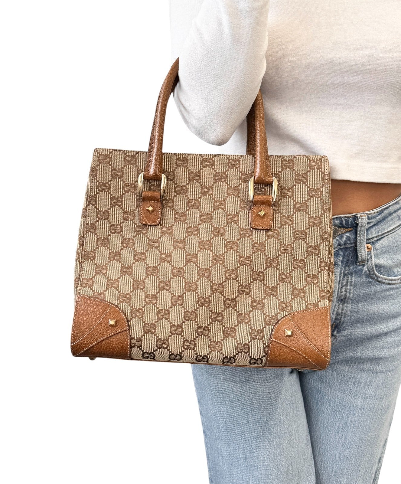 GUCCI Vintage GG Canvas Monogram Tote Bag Nailhead Camel Brown Studs Leather