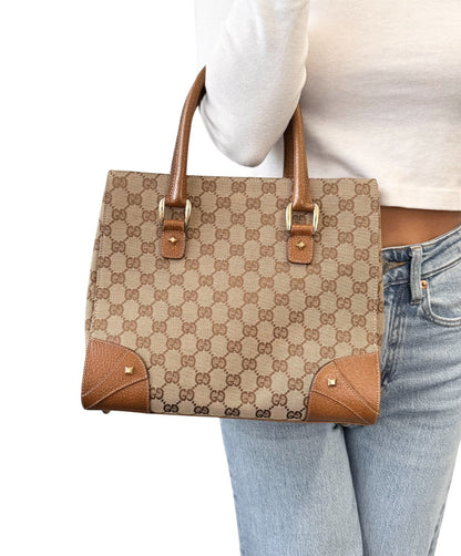 GUCCI Vintage GG Canvas Monogram Tote Bag Nailhead Camel Brown Studs Leather