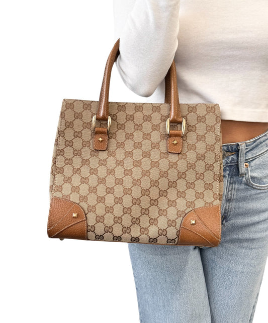 GUCCI Vintage GG Canvas Monogram Tote Bag Nailhead Camel Brown Studs Leather