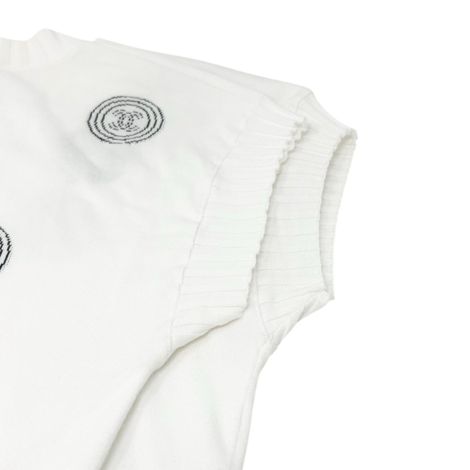 CHANEL Vintage 01P CC Logo T-shirt Top #34 White Blue Cotton Rib short sleeve