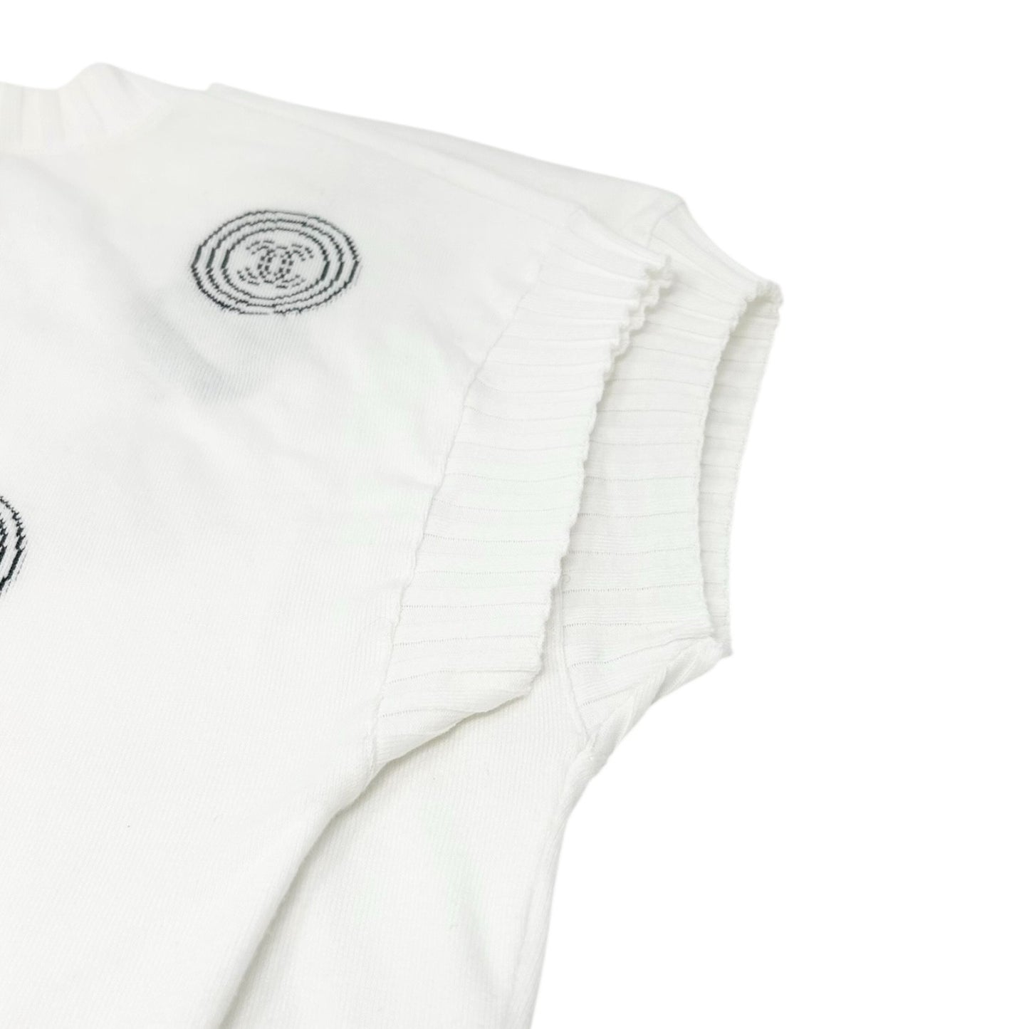 CHANEL Vintage 01P CC Logo T-shirt Top #34 White Blue Cotton Rib short sleeve