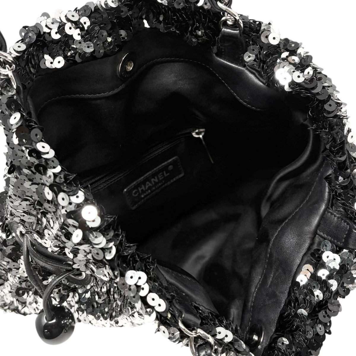 CHANEL Vintage CC Logo Sequins Chain Shoulder Bag Black Silver Leather 902342