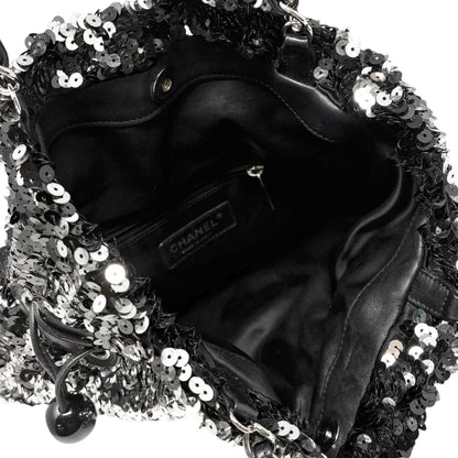 CHANEL Vintage CC Logo Sequins Chain Shoulder Bag Black Silver Leather 902342