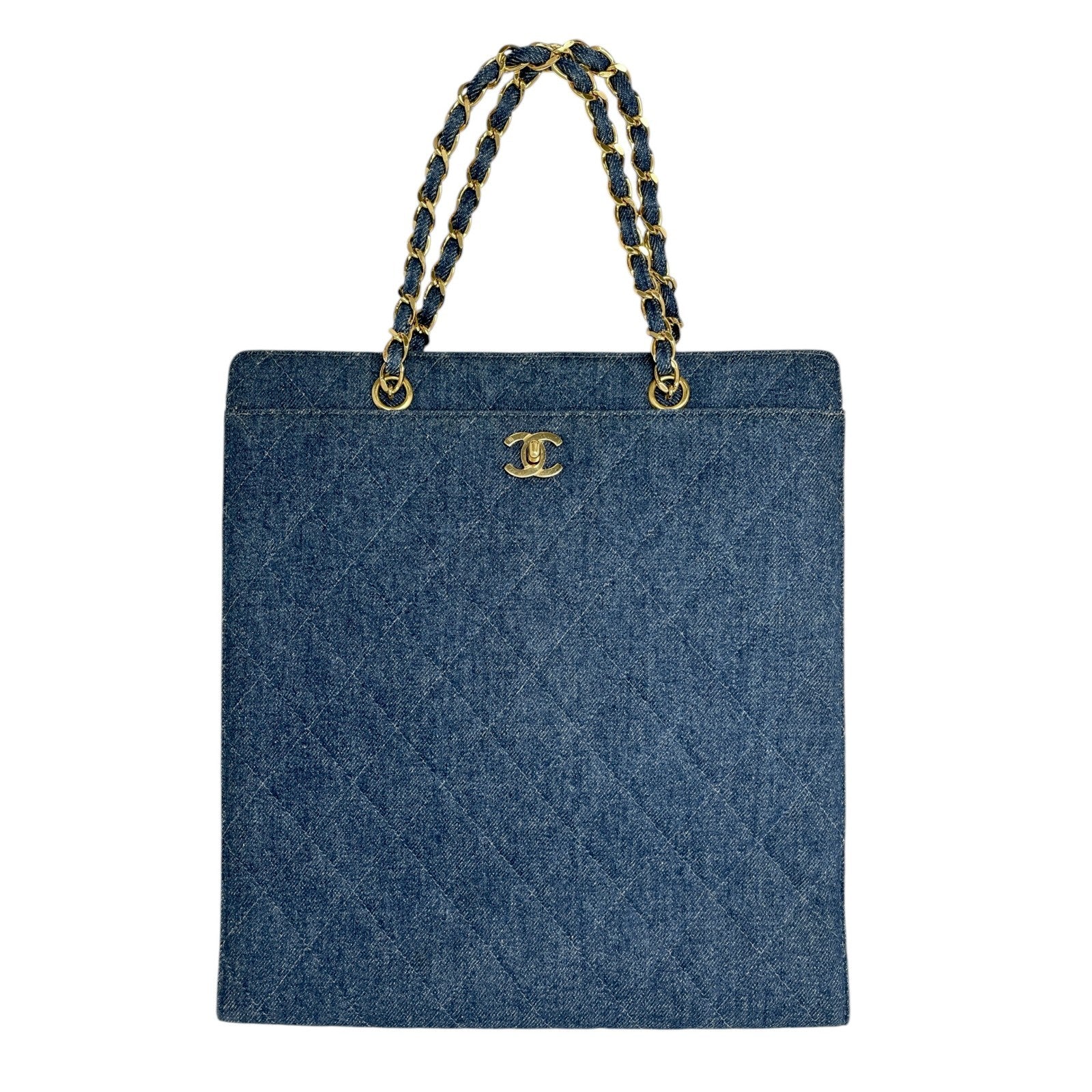 CHANEL Vintage CC Mark Logo Matelasse Denim Shoulder Bag Chain Blue Gold Cotton