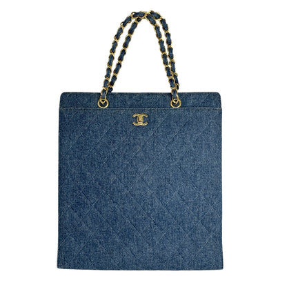 CHANEL Vintage CC Mark Logo Matelasse Denim Shoulder Bag Chain Blue Gold Cotton