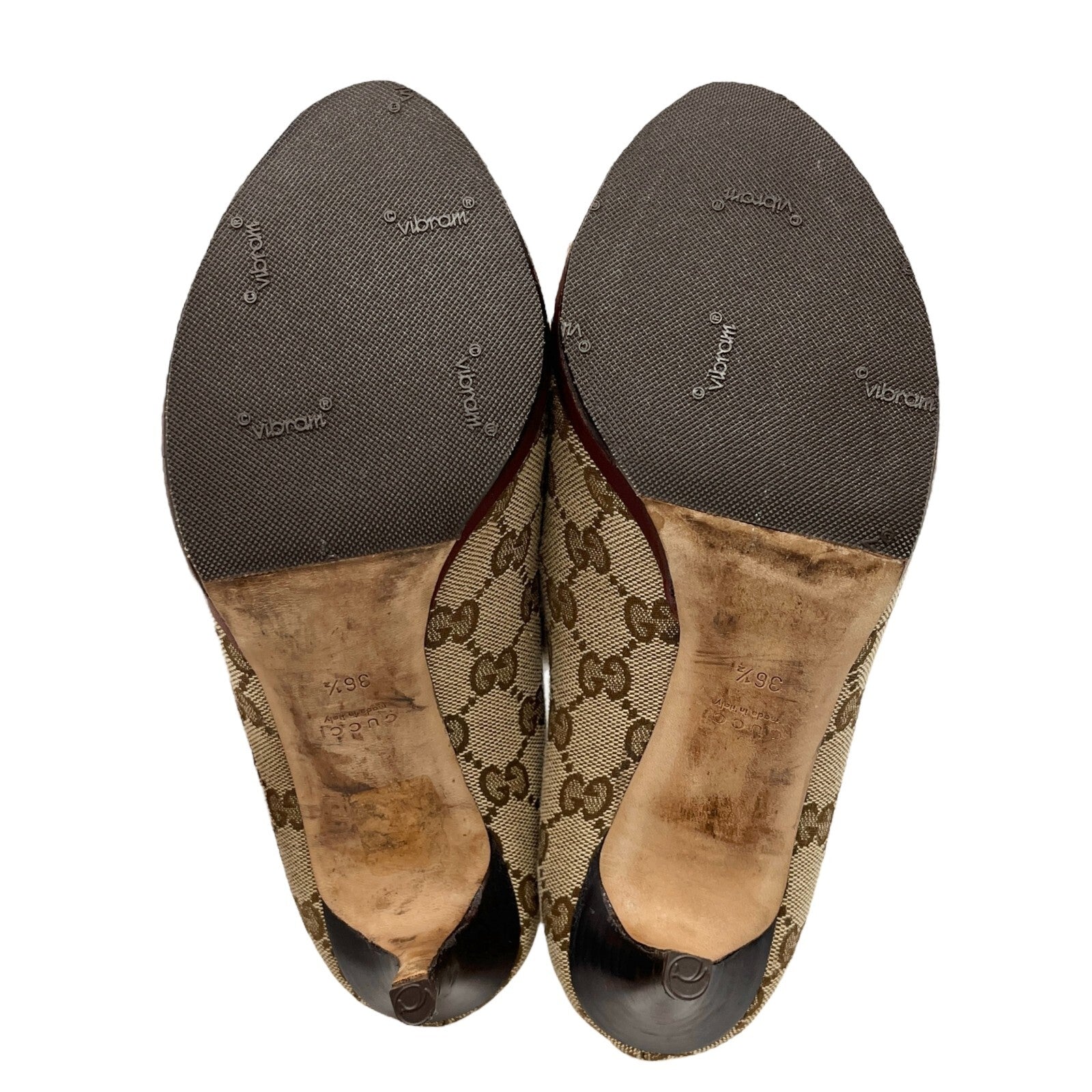 GUCCI Vintage GG Monogram Logo Sandals Heels #36.5 Beige Red Canvas Leather