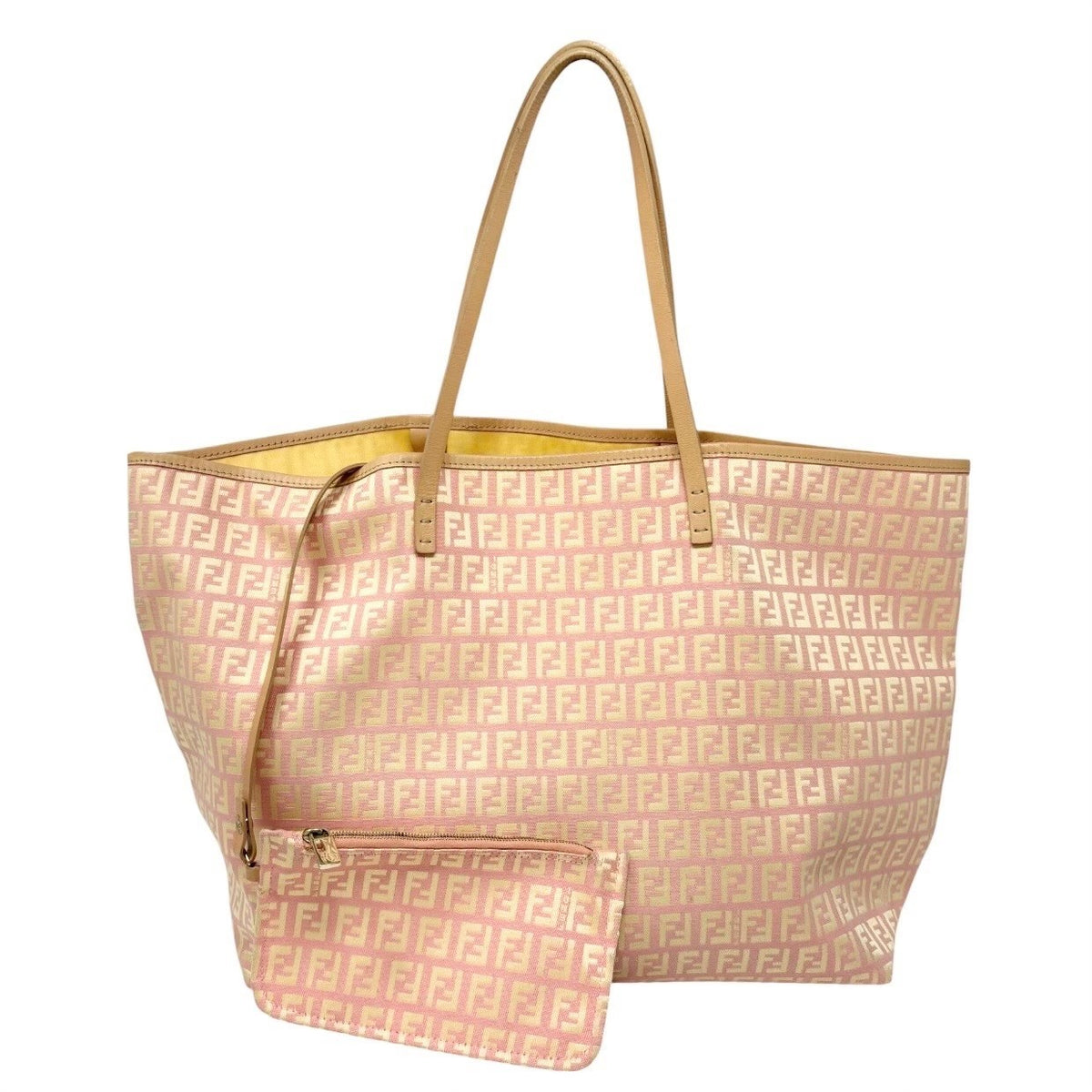 FENDI Vintage Zucchino Tote Shoulder Bag w/Pouch Pink Beige Canvas 902360