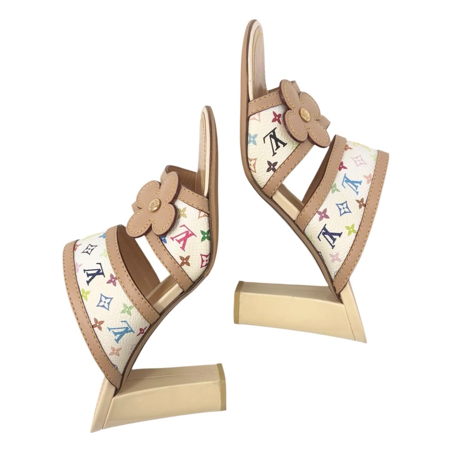 LOUIS VUITTON Vintage Monogram Multicolor Flower Sandals Heels #37 White 902261
