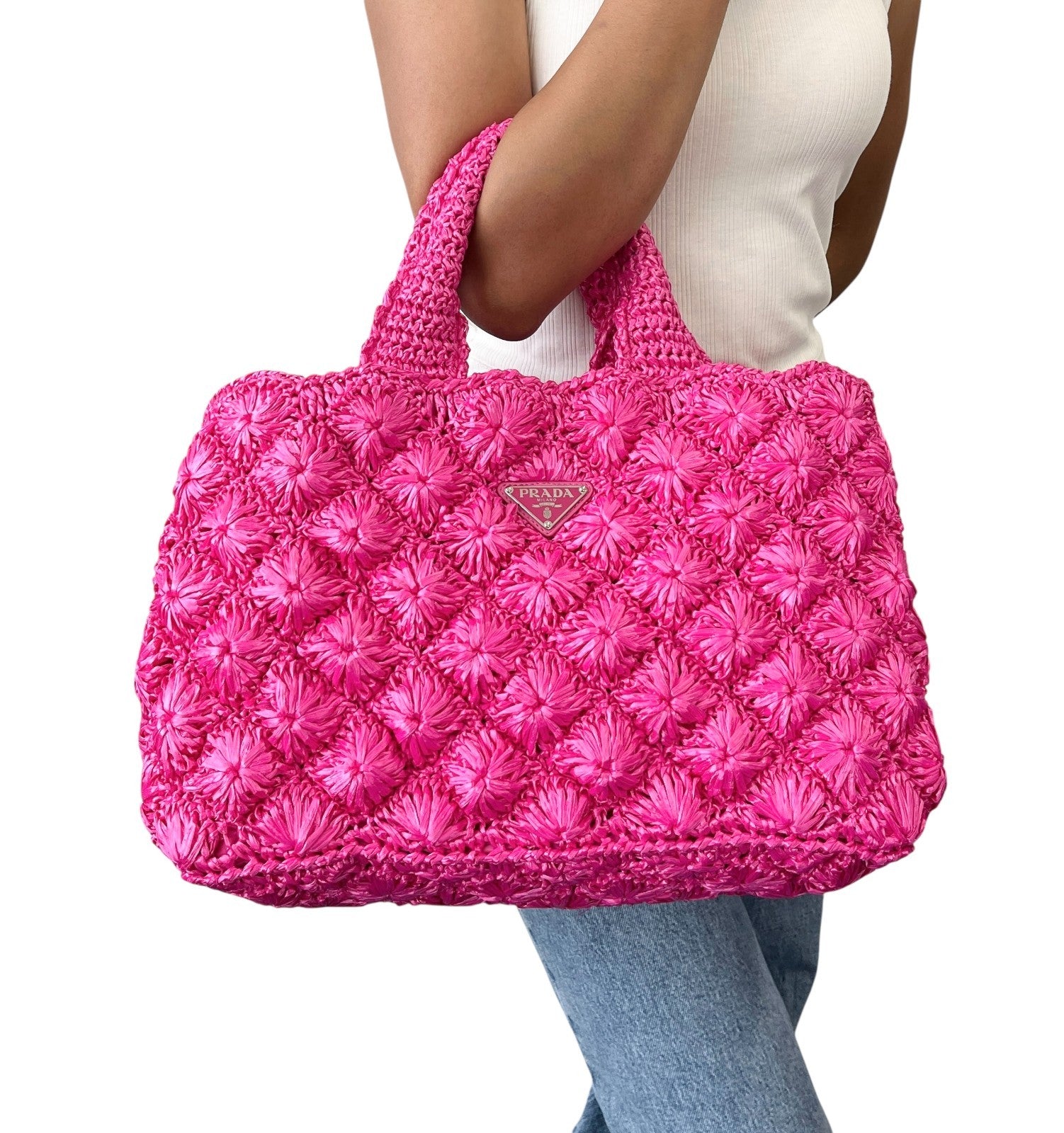 PRADA Vintage Triangle Logo Canapa Tote Bag Handbag Pink Raffia
