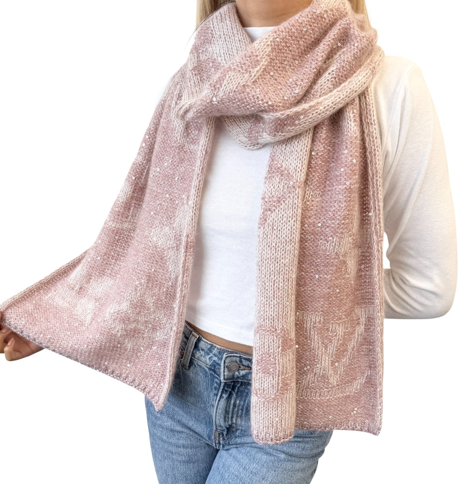 LOUIS VUITTON Vintage Monogram Logo Knit Sequins Scarf Muffler Wrap Pink Mohair