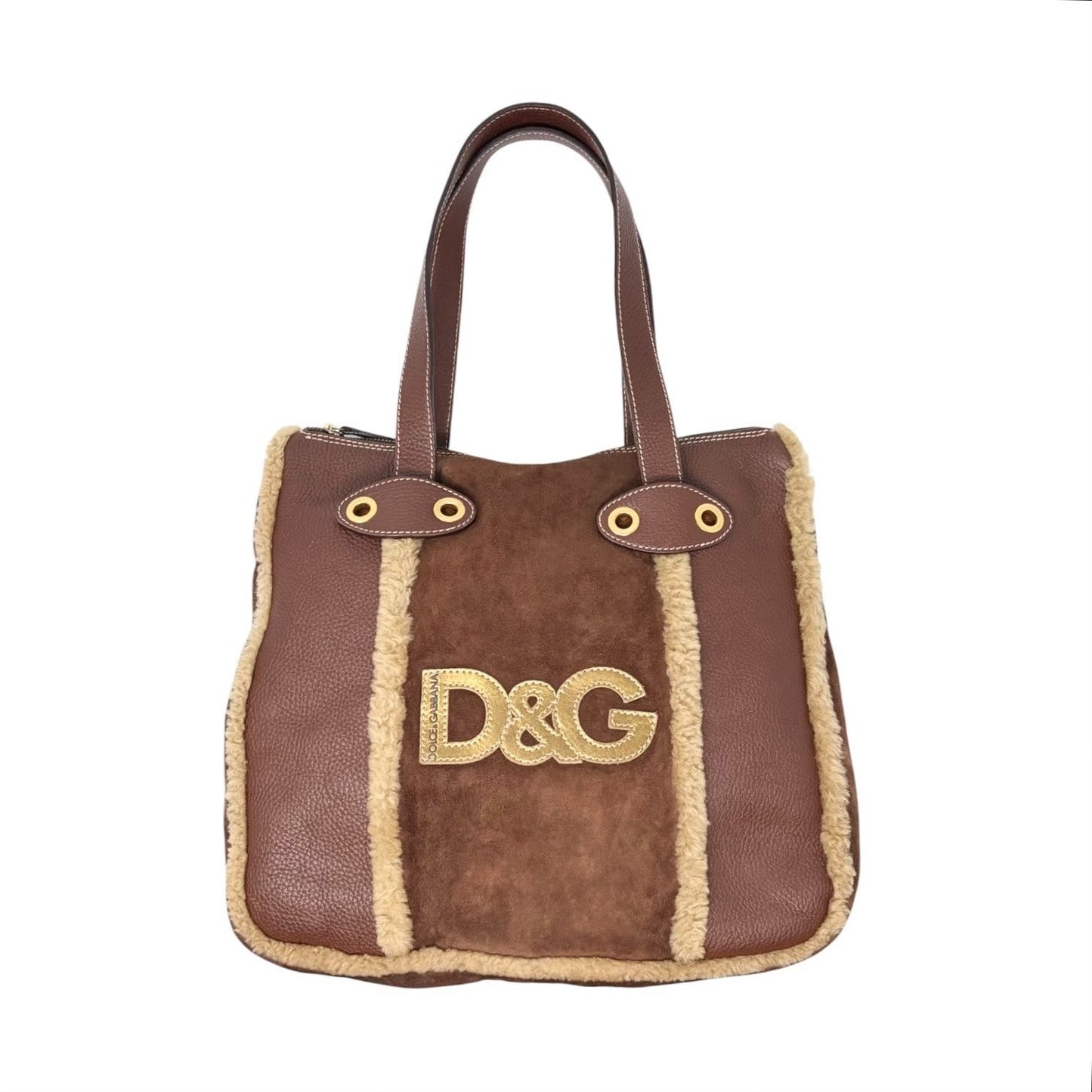 DOLCE&GABBANA Vintage DG Logo Fur Tote Shoulder Bag Brown Beige Suede 902427