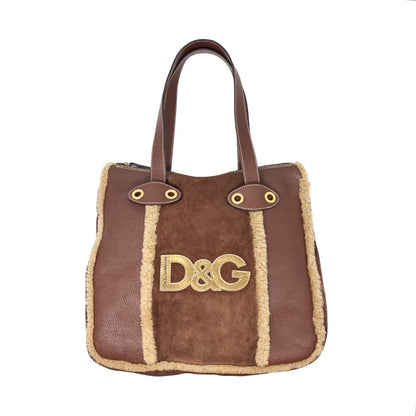 DOLCE&GABBANA Vintage DG Logo Fur Tote Shoulder Bag Brown Beige Suede 902427