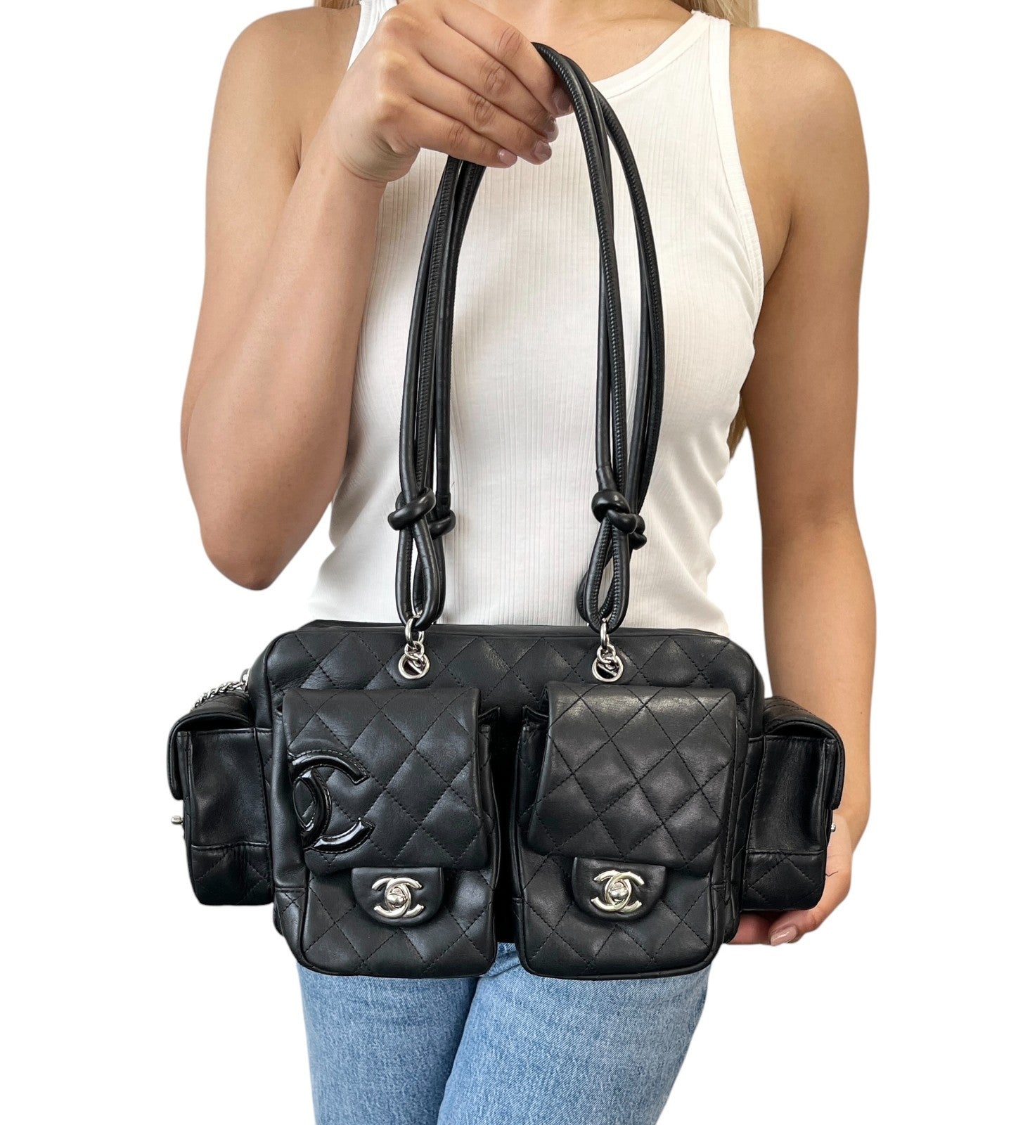 CHANEL Vintage Cambon Line CC Logo Quilted Shoulder Bag Black Silver Leather