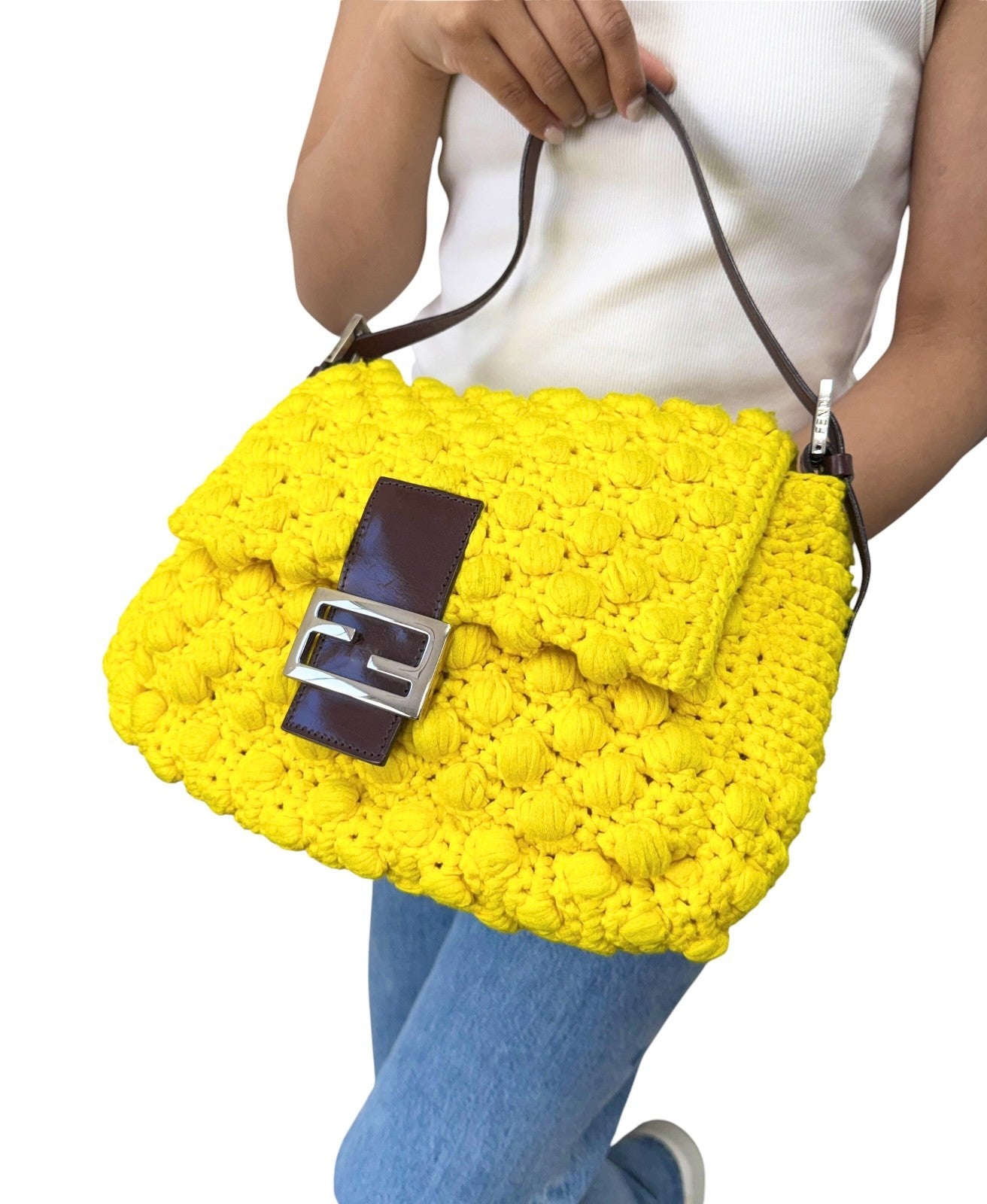 FENDI Vintage Logo Mamma Baguette Knit Shoulder Bag Yellow Brown 901876