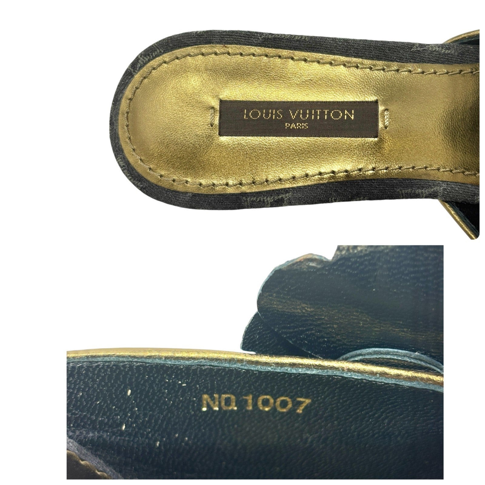 LOUIS VUITTON Vintage Monogram Denim Flower Sandals Heels #36 Black Open Toe