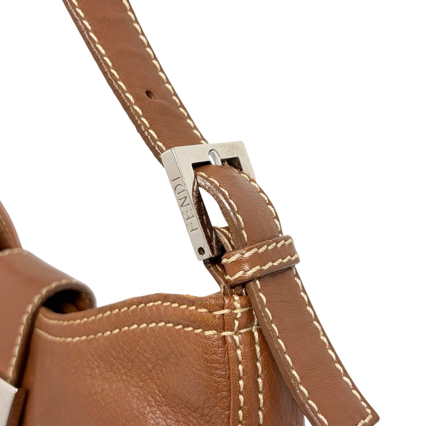 FENDI Vintage FF Logo Mamma Baguette Shoulder Bag Brown Silver Leather 902448