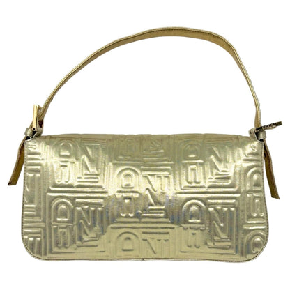 FENDI Vintage FF Logo Embossed Mamma Baguette Shoulder Bag Gold Nylon 902315