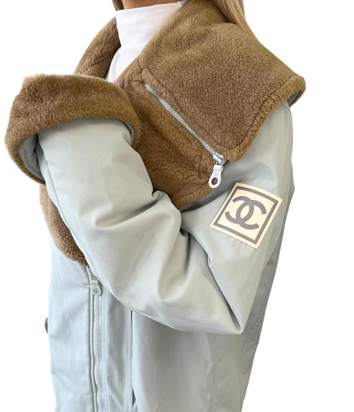 CHANEL Sport Vintage 01A CC Fur Collar Coat Jacket #38 Light Blue Brown 902901