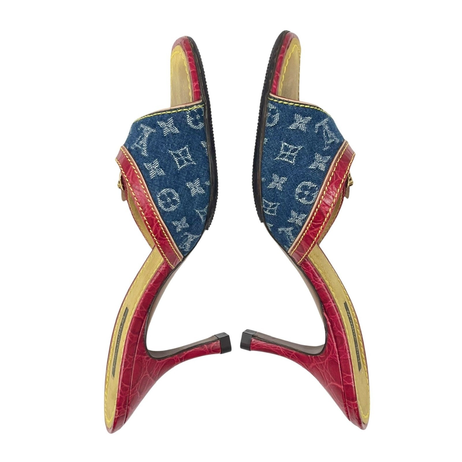 LOUIS VUITTON Vintage LV Monogram Logo Denim Sandals Heels #37-37.5 Blue Red