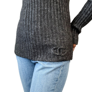 CHANEL Vintage P44578 CC Mark Turtleneck Sweater Top #36 Gray Cashmere RankAB+