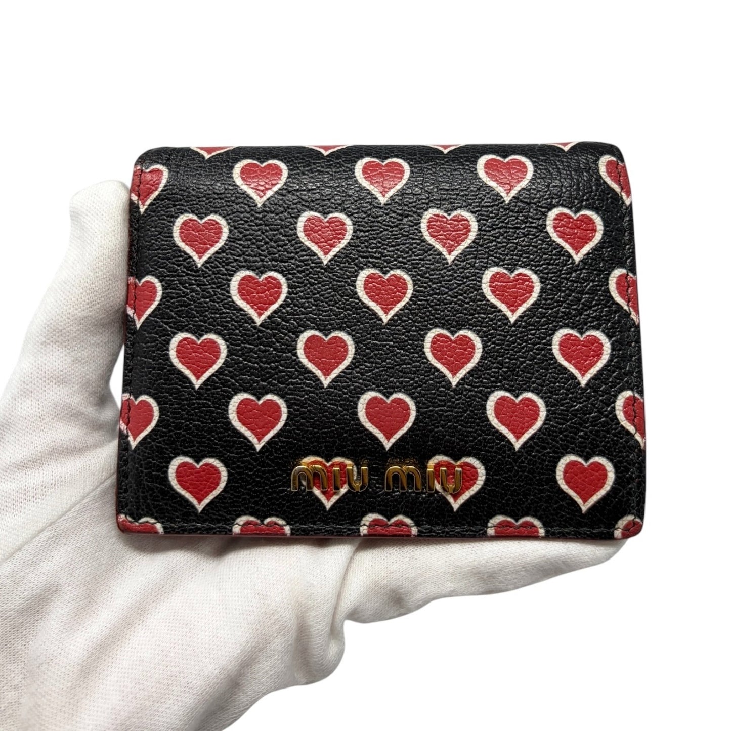 miumiu Vintage Logo Heart Print Mini Bifold Wallet Black Red Leather 901983