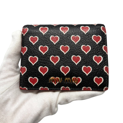 miumiu Vintage Logo Heart Print Mini Bifold Wallet Black Red Leather 901983