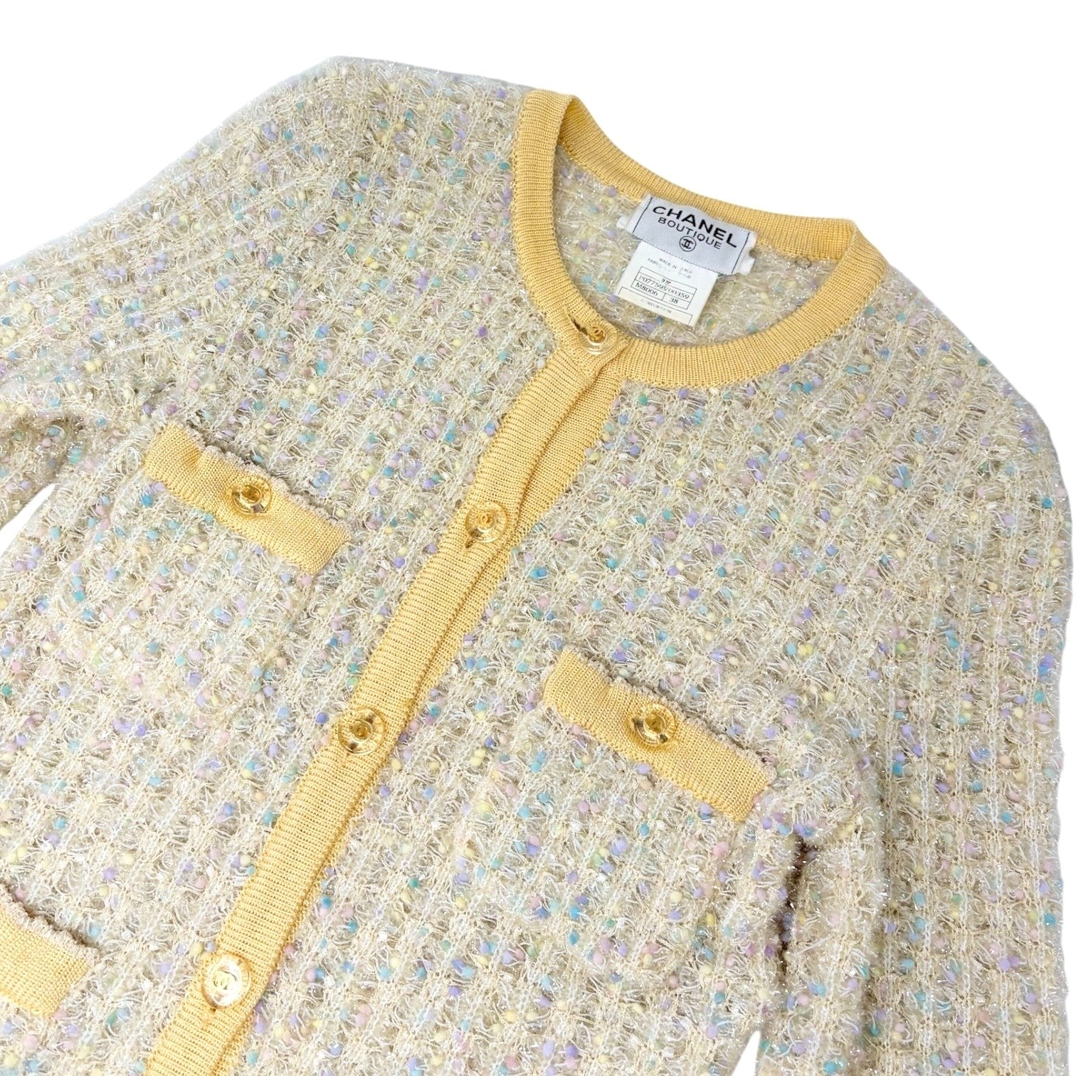 CHANEL Vintage 97P CC Mark Logo Tweed Cardigan #38 Sweater Yellow Nylon