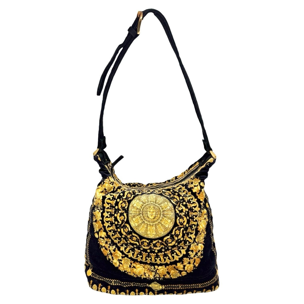 VERSACE Vintage Sunburst Logo Barocco Velvet Hobo Shoulder Bag Yellow 902307