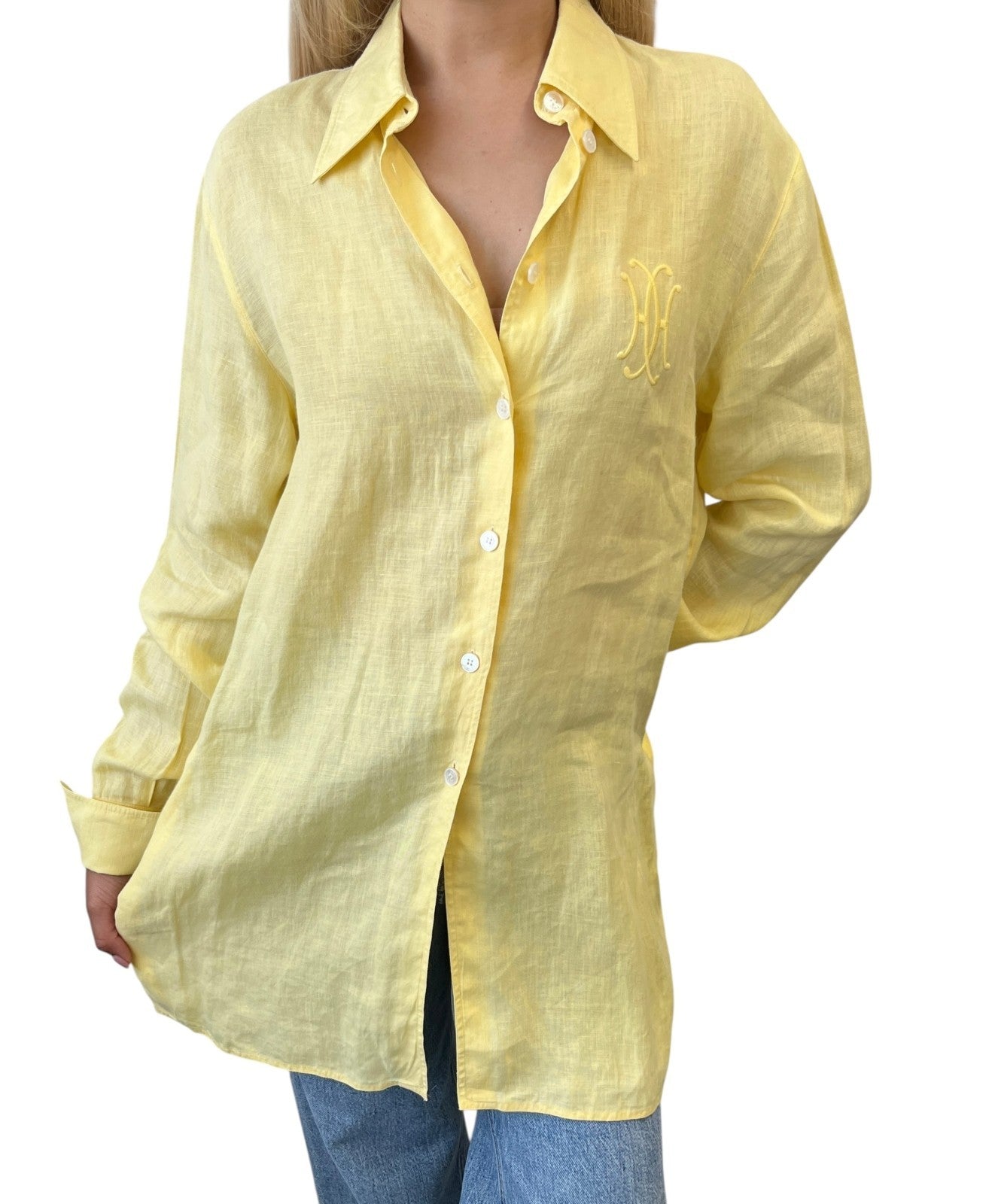 HERMES Vintage Logo Button Up Shirt Top #38 Long Sleeve Yellow White Linen